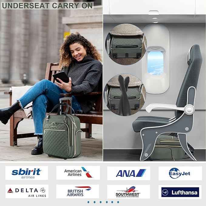 EMPSIGN Underseat Carry On Wheeled - 16" Carry on Bag with Wheels Multi-functional Lightweight Rolling Bag Overnight Weekender Small Suitcase for Women Men Travel Business, Army Green-Gold Zipper