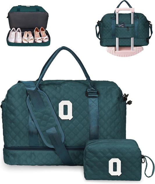 Womens Birthday Gift, Birthday Gift-Initial Travel Bag with Shoe Compartment, Personalized Weekender Bag, Monogram Overnight Bag for Women, Kids Duffel Bag with Makeup Bag (Letter Q) - Roamly