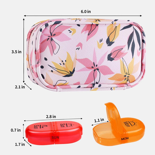 Serfeymi Weekly Travel Pill Organizer 2 Times A Day AM PM Upgraded Rainbow Pill Box 7 Day with Portable Zipper PU Leather Pill Case, Medicine Organizer for Pills, Vitamins, Fish Oils - Pink 03