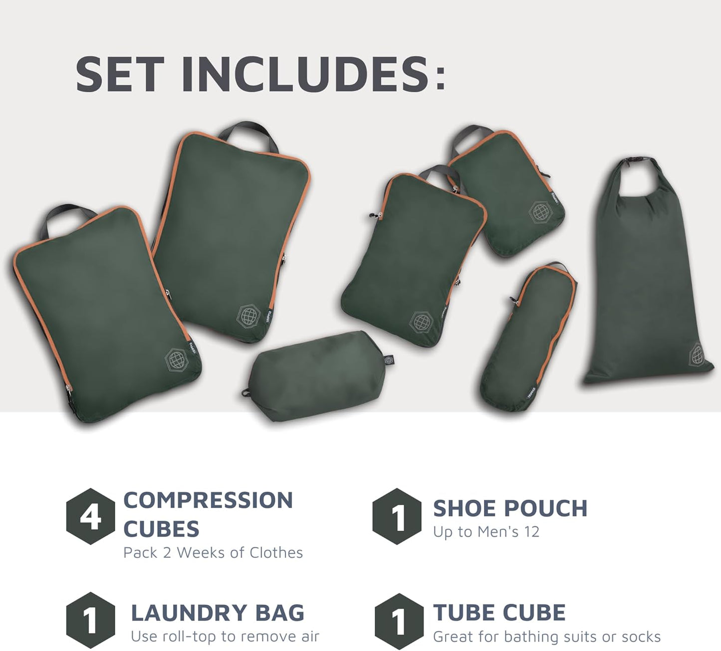 Large Compression Packing Cubes for Travel-Packing Cube Luggage Organizers 7 Piece Set for Checked Luggage-Ultralight, Expandable/Compression Bags by TRIPPED Travel Gear (Green and Brown) - Roamly