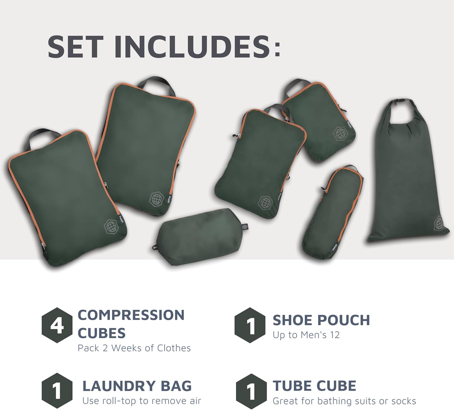 Large Compression Packing Cubes for Travel-Packing Cube Luggage Organizers 7 Piece Set for Checked Luggage-Ultralight, Expandable/Compression Bags by TRIPPED Travel Gear (Green and Brown) - Roamly