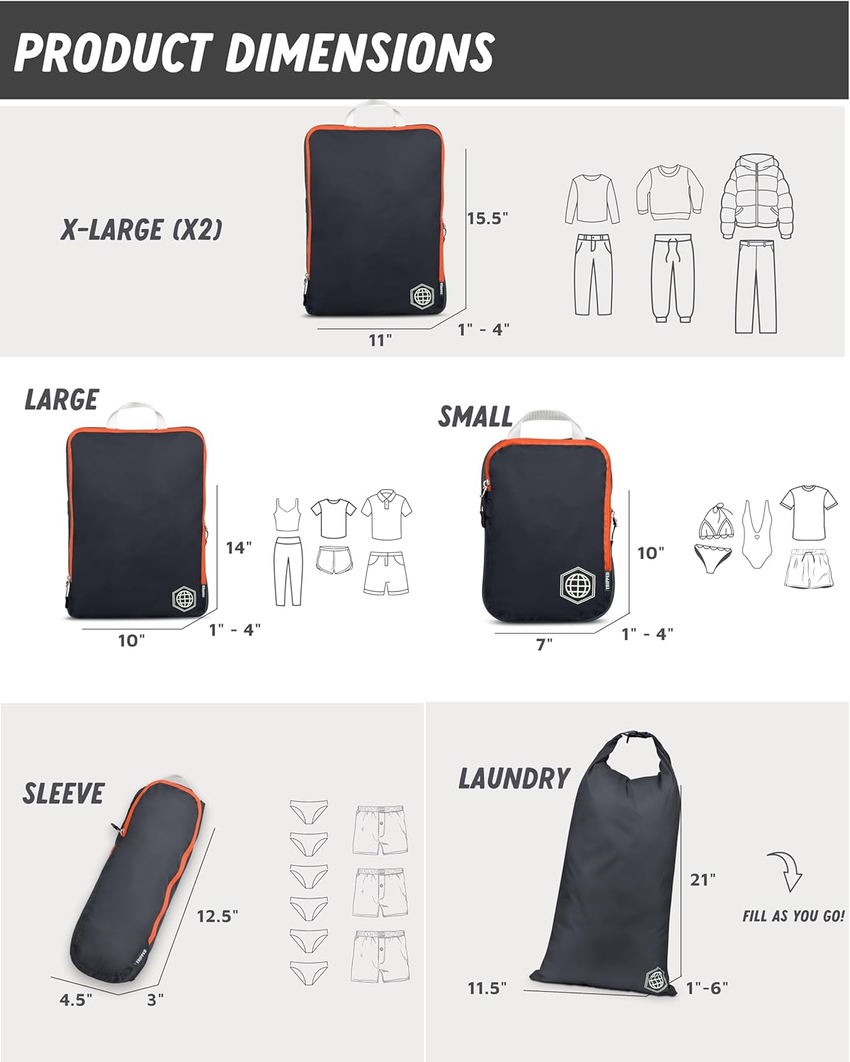 Large Compression Packing Cubes for Travel-Packing Cube Luggage Organizers 7 Piece Set for Checked Luggage-Ultralight, Expandable/Compression Bags by TRIPPED Travel Gear (Grey/Orange) - Roamly