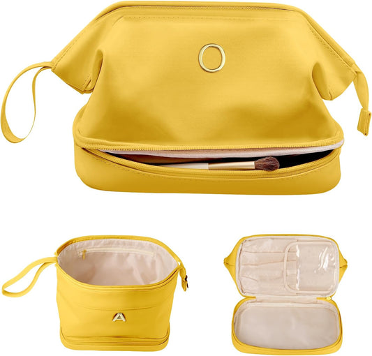 Gifts for Teen Girls 14-16, Initial Makeup Bag, Travel Gifts, Personalized Bags, Waterproof Double Layer Cosmetic Bag, Large Capacity PU Leather Makeup Bags Letter Travel Toiletry Bag