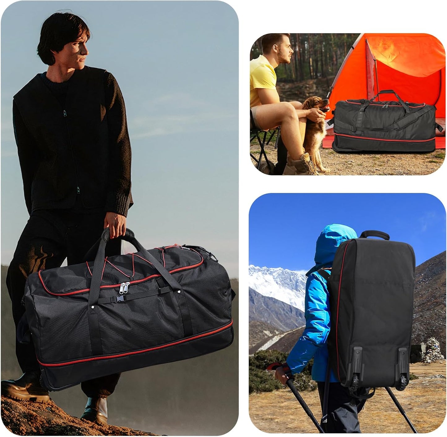 Vomgomfom 32" Soft-Sided Foldable Wheeled Travel Duffel Bag,Expandable 110L to 140L Rolling Cargo Bag with 2 Wheels and Multiple Pockets,Black-red - Roamly