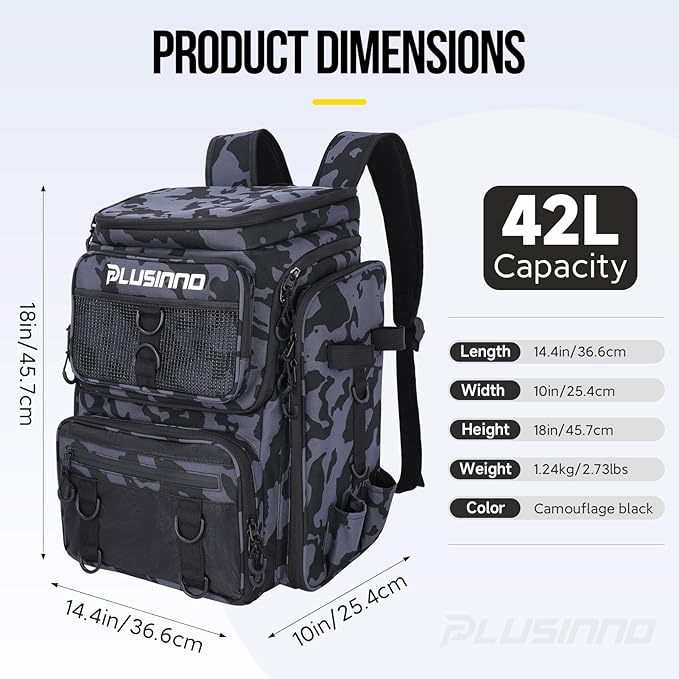 PLUSINNO Fishing Backpack with Rod Holders Tackle Box, 42L Large Water-resistant Fishing Tackle Bag Store Fishing Gear