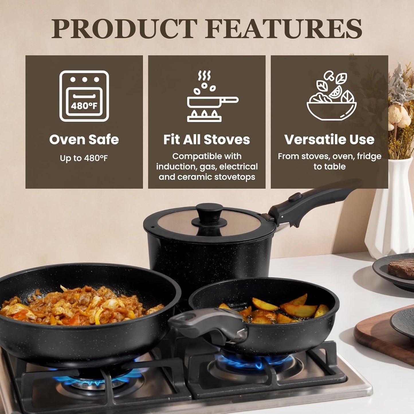 KIKCOIN 24 Pack Pots and Pans Set Non Stick, Detachable Handle Cookware Set, Induction RV Kitchen Cooking Set with Removable Handle, Frying Pans, Egg Pan - Dishwasher/Oven Safe, PFOA Free