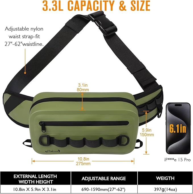 Dovesun Waterproof Fishing Fanny Pack for Men 3.3L Fly Fishing Bag Chest Pack with Airtight Zipper