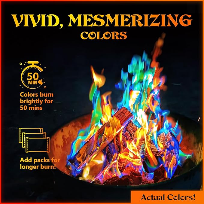 MEKER Fire Color Changing Packets - Fire Pit, Campfires, Outdoor Fireplaces, Bonfire - Magic Colorful Changing Fire - Perfect Fire Camping Accessories for Kids & Adults (12 Pack)