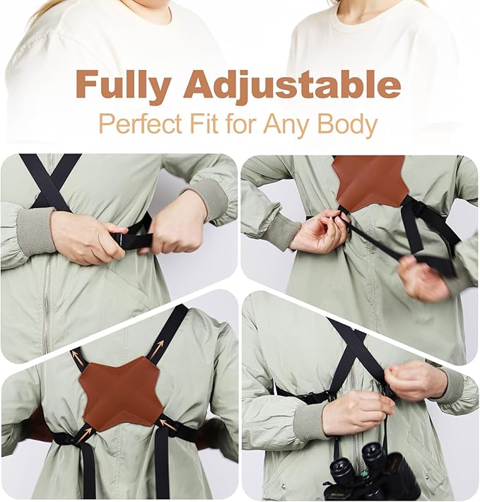 Binocular Harness Strap, Adjustable X-Shaped for Hunting, Hiking & Birding, Bino Harness Fits for Carrying Binocular, Cameras, and More