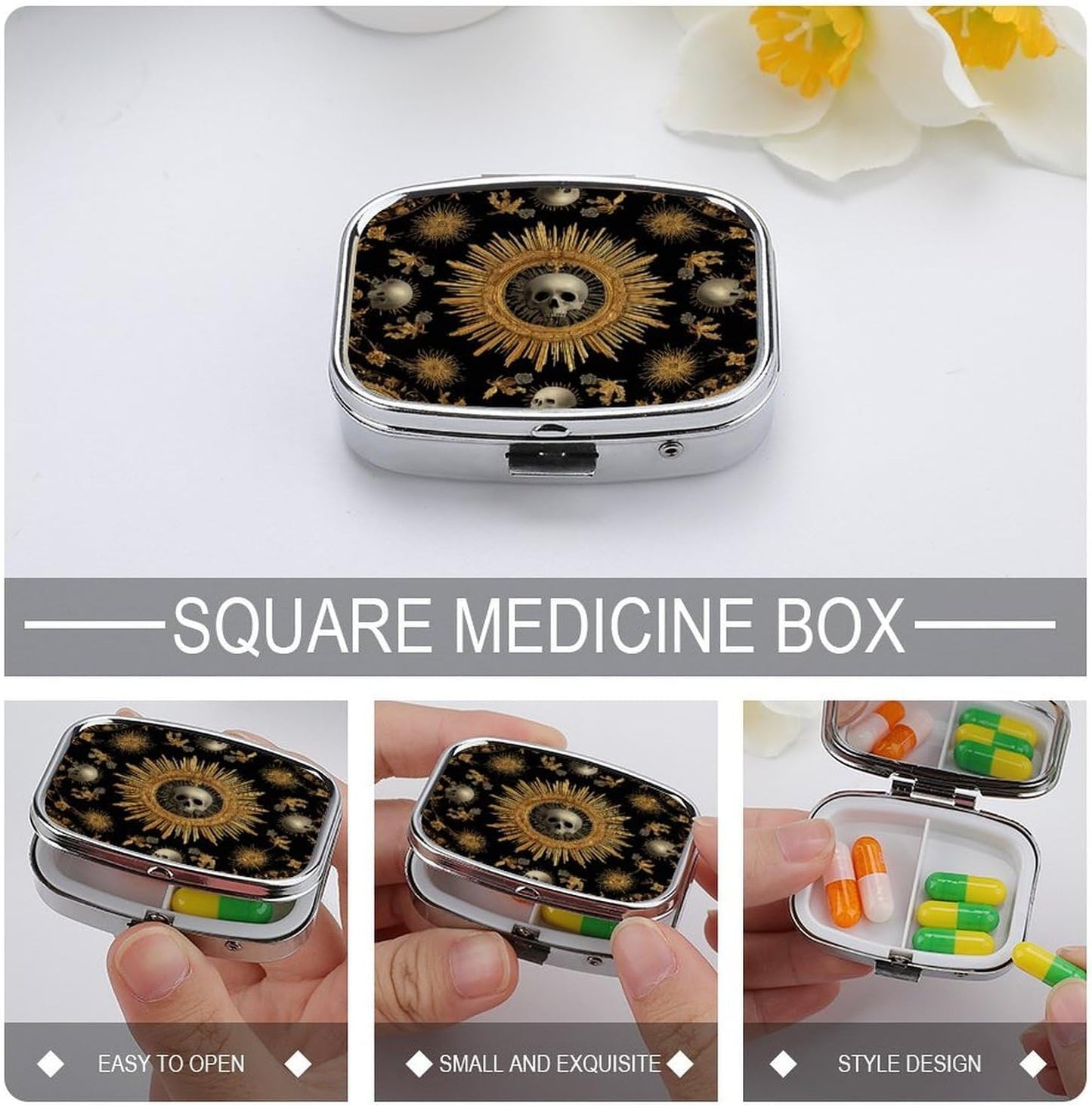 Metal 2 Compartment Pill Organizer Travel Friendly Portable Compact Pill Box Cute Pill Case,for Pocket Wallets Daily Portable Medicine Vitamin Tablet Storage (The Skeleton in The Center)