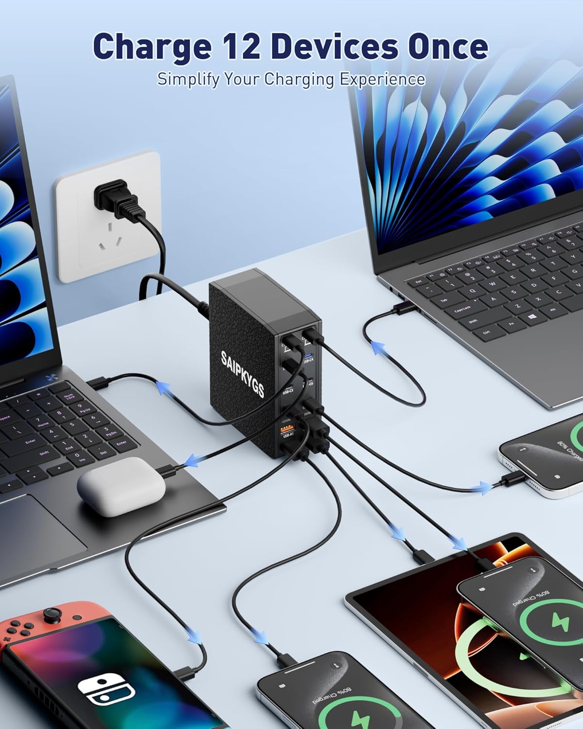 USB Charging Station (600W),12-Port USB C Charger Block with Dual 100W PD USB-C Fast Charging Station Hub for MacBook Pro/Air/All iPad Phone 17/16 15/14/13/Pro Max/Samsung Galaxy Note (Black) - Roamly