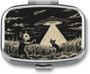 Metal 2 Compartment Pill Organizer Travel Friendly Portable Compact Pill Box Cute Pill Case to Hold Vitamins,Fish Oil,Supplements,Meds,Tablet for Purse,Pocket. (Cats and Spaceships)