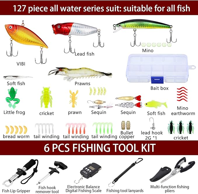 Sosation 482 Pcs Fishing Gifts for Men Fishing Sling Bag Tool Gear Equipment Accessories Kit Fish Backpack Tackle Box with Tackle Included Fish Hook Remover Tool Lures Lip Gripper