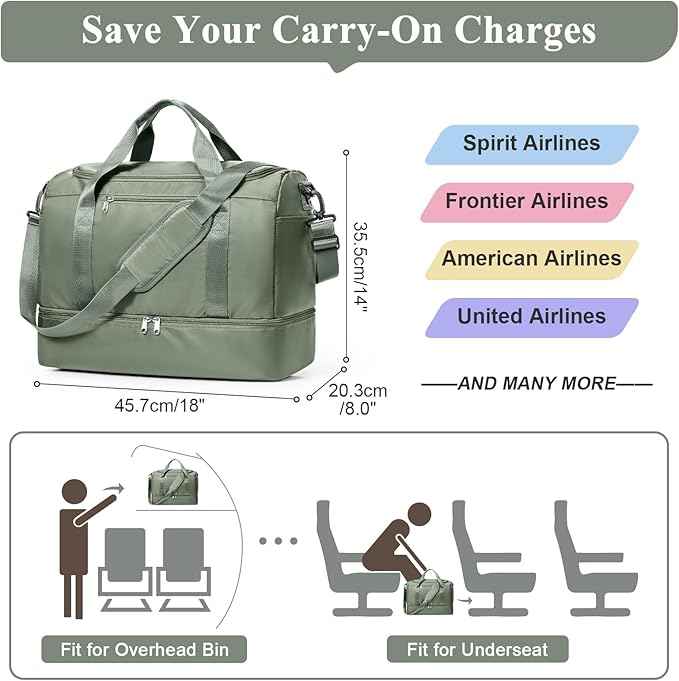 Travel Duffel Bag for Women, Carry-on Overnight Weekender Bags with Wet Pocket, For Spirit Airlines 18x14x8 Personal Item Bag,Small,Olive Green