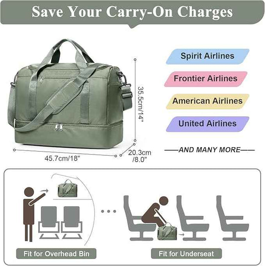 Travel Duffel Bag for Women, Carry-on Overnight Weekender Bags with Wet Pocket & Toiletry Bag, For Spirit Airlines 18x14x8 Personal Item Bag,Small,Olive Green