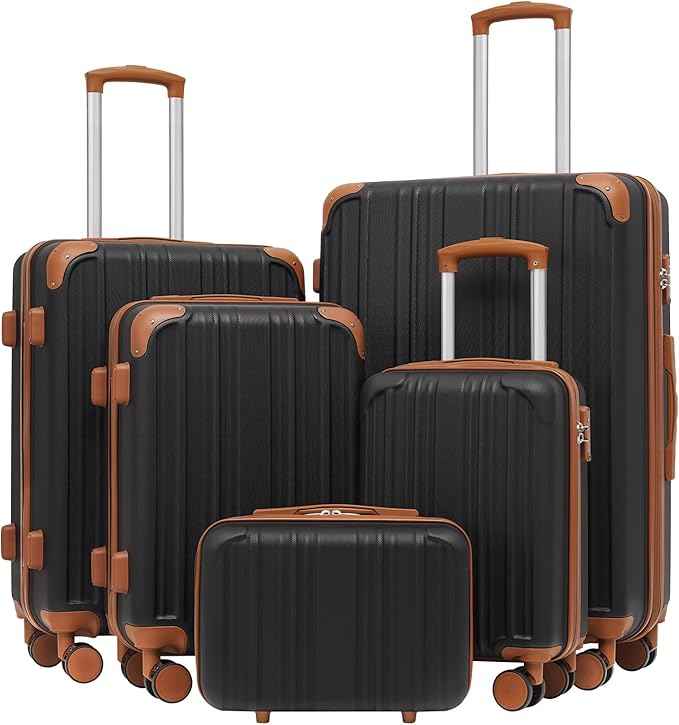 Coolife Luggage Sets, 5 Piece Durable Suitcase, Lightweight Carry on Luggage with ABS Hardshell, Dual Spinner Wheels, TSA Lock and YKK Zipper (apricot black, 5 piece set)