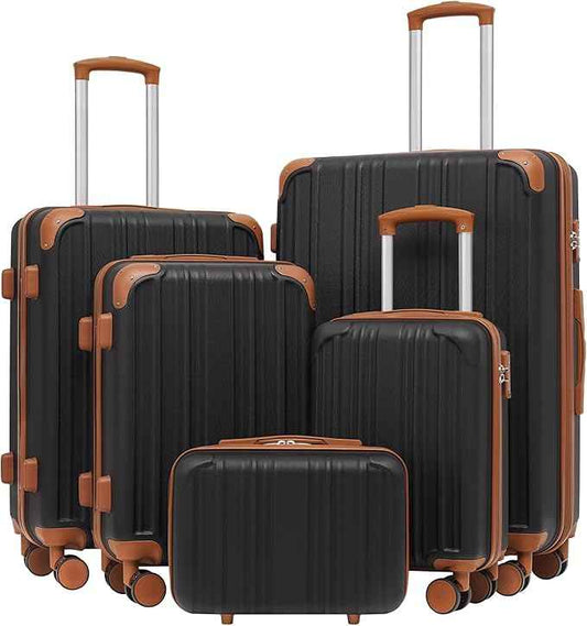 Coolife Luggage Sets, 5 Piece Durable Suitcase, Lightweight Carry on Luggage with ABS Hardshell, Dual Spinner Wheels, TSA Lock and YKK Zipper (apricot black, 5 piece set)