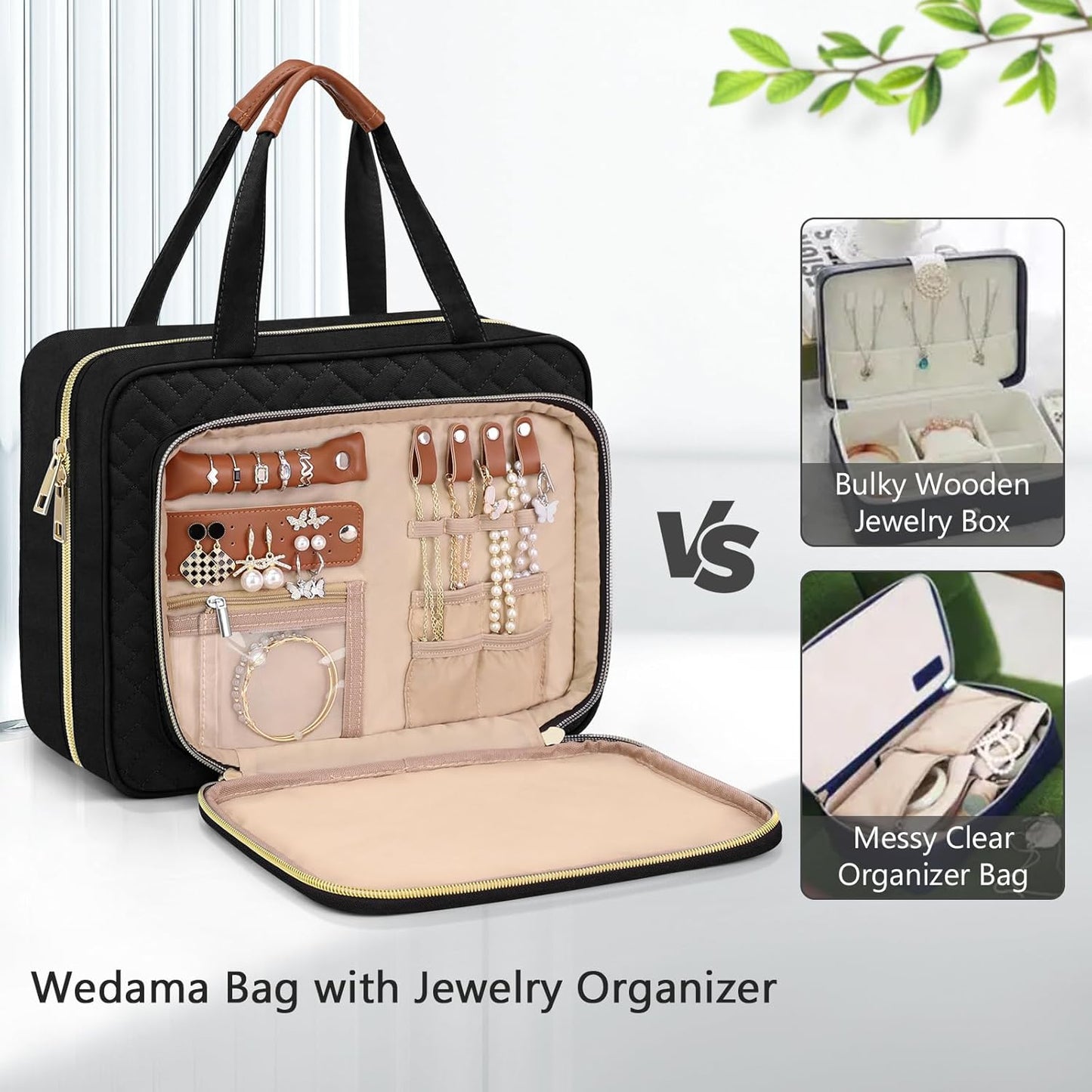 Wedama Toiletry Bag for Women, Hanging Travel Toiletry Bag with Jewelry Organizer Compartment Large Makeup Bag, PVC Waterproof Cosmetic Travel Bag for Travel Business Trips Camping Bathroom, Black - Roamly