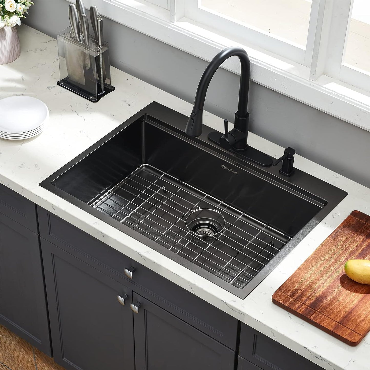 Drop-in Kitchen Sink - Single Bowl Workstation with Cutting Board, 30 x 22 x 10, Gunmetal Black, 16 Gauge Stainless Steel