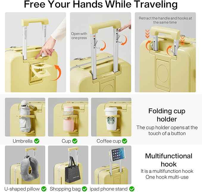 mixi Checked Luggage with Cup Phone Holder and Charger Hard Shell Suitcases with Spinner Wheels, 24 Inch Lark Yellow