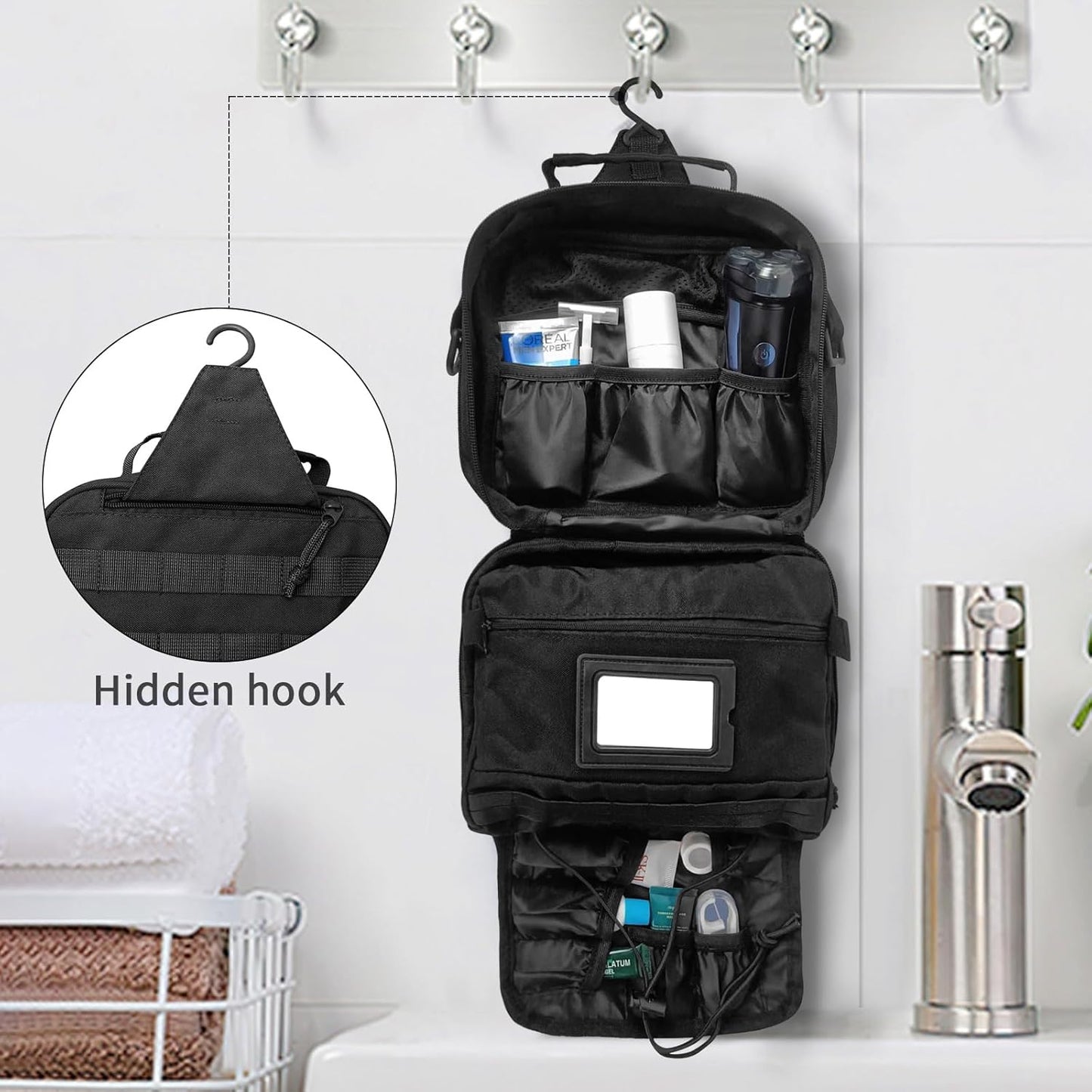 Travel Toiletry Bag for Men and Women, Hanging Travel Toiletries Organizer Dopp Kit, Toiletry Shaving Hygiene Bag, Durable Bathroom Essentials Men's Toiletry Bag for Short Trips & Camping - Black - Roamly