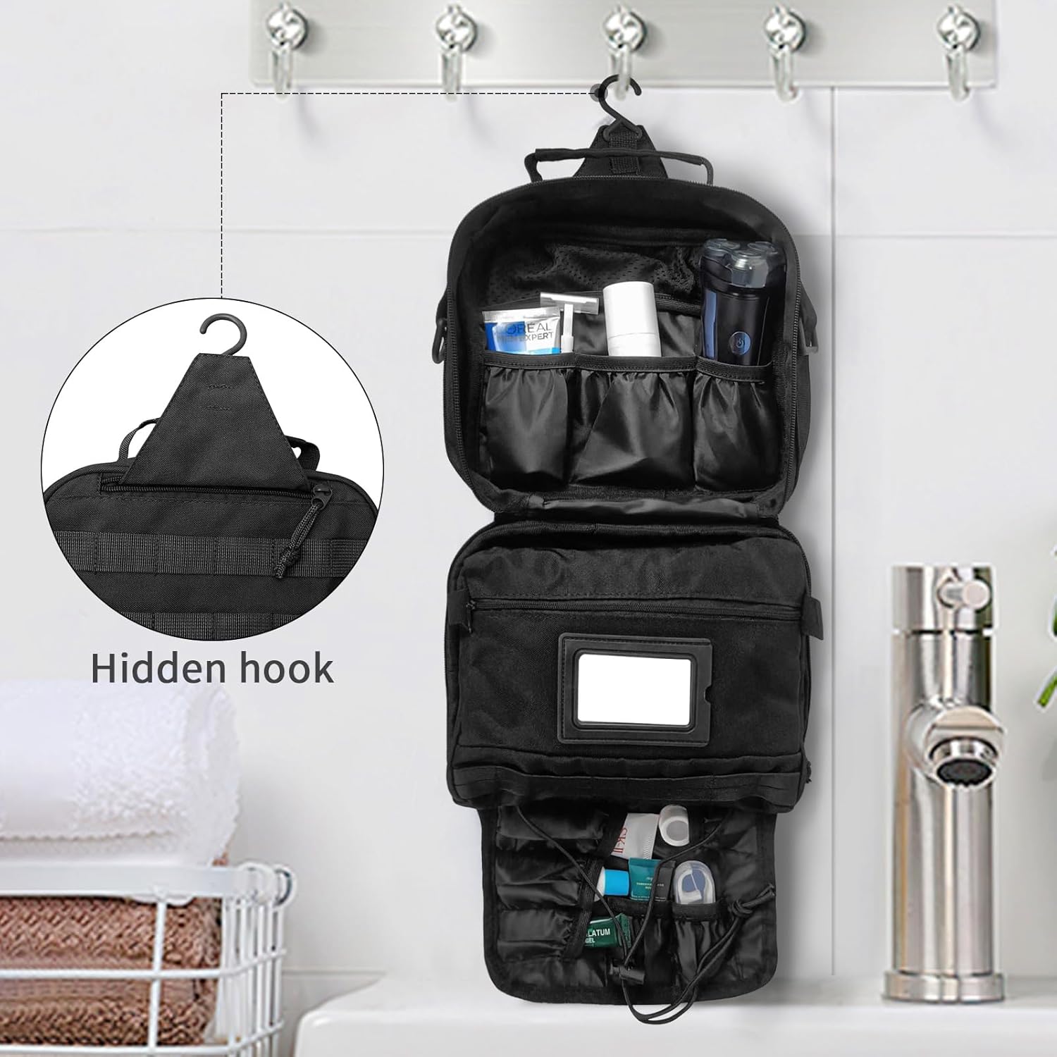 Travel Toiletry Bag for Men and Women, Hanging Travel Toiletries Organizer Dopp Kit, Toiletry Shaving Hygiene Bag, Durable Bathroom Essentials Men's Toiletry Bag for Short Trips & Camping - Black - Roamly