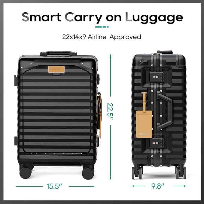 Joyway 20 Inch Carry on Luggage with Aluminium Frame and Front Pocket, PC Hardshell Suitcase with USB Port and Cup Holder, 21.5x14.2x9 Airline Approved, Luggage with Spinner Wheels and TSA Lock(Black)