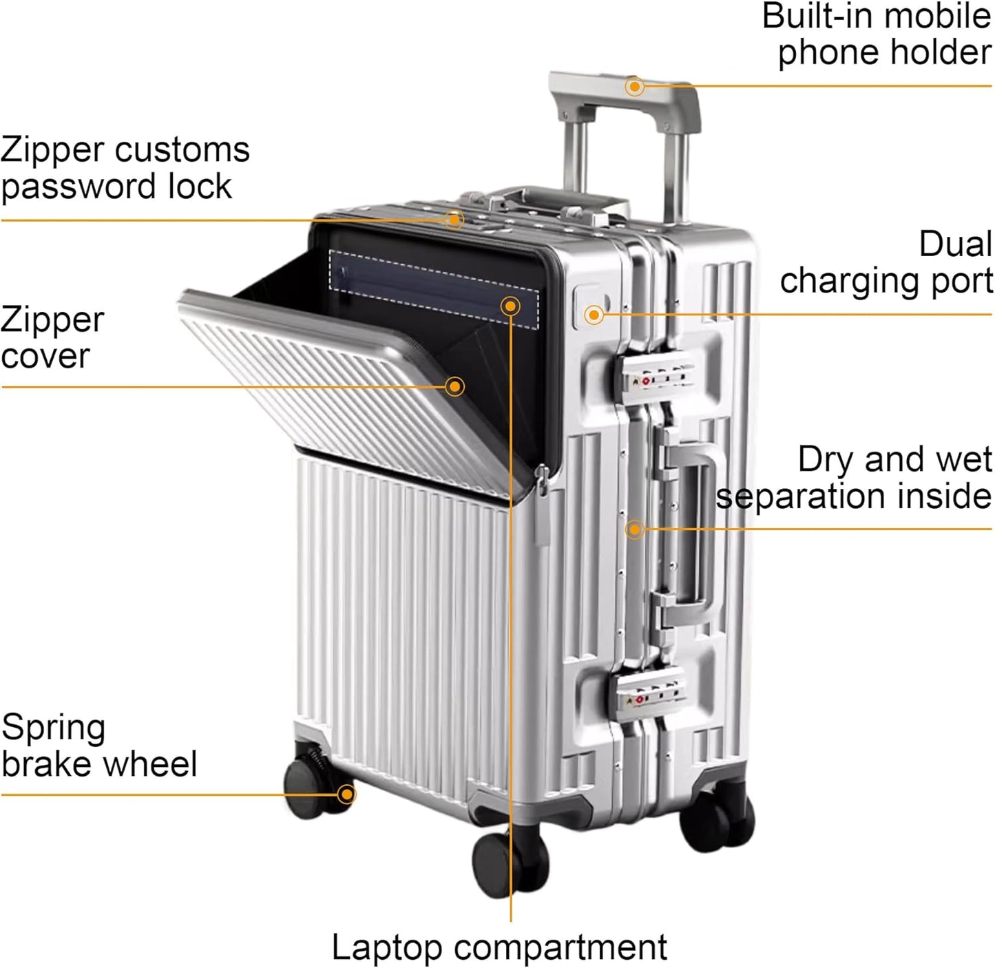 Zipperless Luggage, Polycarbonate Aluminum Hard Shell, Expandable Carry-On Suitcase with Spinner Wheels, Hard Shell Suitcase, 24 Inch Cabin - Roamly