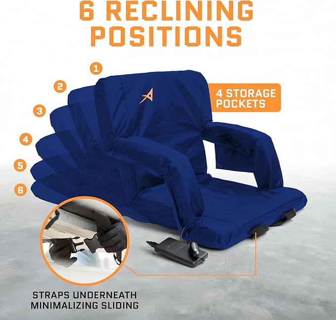 ACELETIQS Heated Stadium Seats for Bleachers with Back Support – USB Battery Included - Upgraded 3 Levels of Heat - Foldable Chair - 4 Pockets, Cup Holder - for Camping, Games & Sports (Navy Blue)