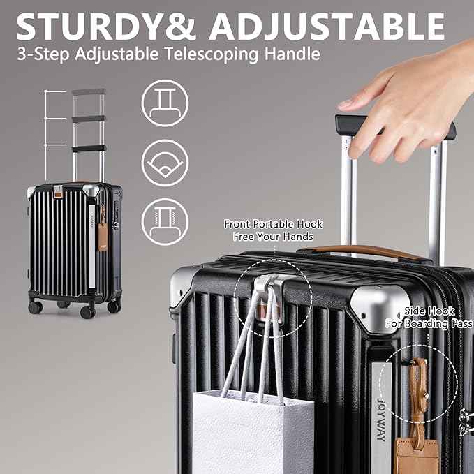 Joyway 3 Piece Set Hardside Expandable Luggage with USB Charging Port and Cup Holder, TSA Lock Spinner Wheels Suitcase for International Travel, Lightweight Carry On Checked Baggage, Black
