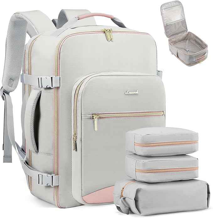 LOVEVOOK Travel Backpack for Women & Men 40L,Airline Approved Carry On Backpack Travel Essentials,TSA Carry on Luggage,Waterproof Personal Item Travel Bag,Suitcase with 3 Packing Cubes,Light gray-Pink