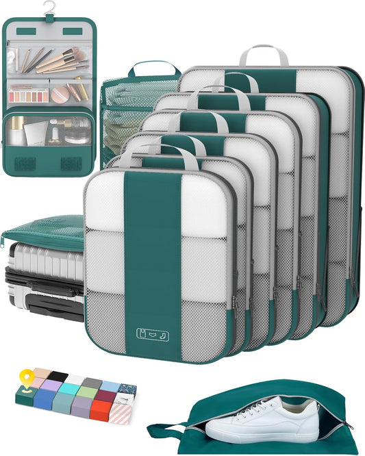 10 Set Compression Packing Cubes for Travel Essentials,Compressible Expandable Packing Cubes for Suitcase,OlarHike Luggage Organizer Bags,Handy Helper for Organizing Clothes(Dark Blue Green) - Roamly