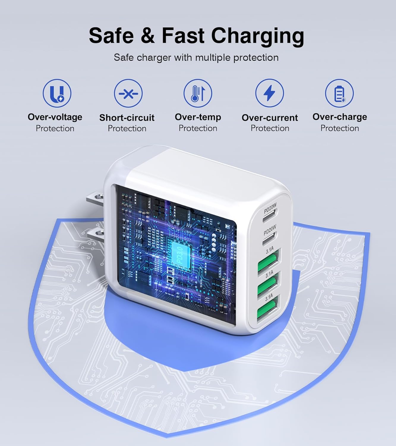 USB C Wall Charger Block, 2Pack 50W 5-Port C Charger Fast Charging Block PD Power Adapter +QC 3.0 Multiport Type C Box Brick Cube USB A Wall Plug for iPhone 16/15/14 Pro Max Plus, iPad,Samsung Galaxy - Roamly