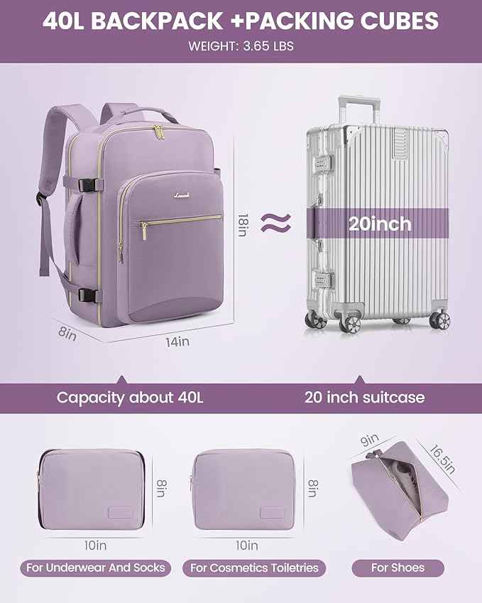 LOVEVOOK Travel Backpack for Women & Men 40L,Airline Approved Carry On Backpack Travel Essentials,TSA Carry on Luggage,Waterproof Personal Item Travel Bag,Suitcase with 3 Packing Cubes,Light purple