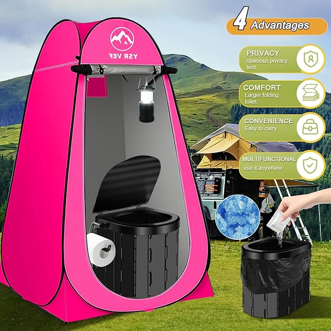 Portable Toilet Kit, Camping Toilet with Pop-Up Privacy Tent and Poo Gel Toilet Bags, Washable Portable Outdoor Showers Changing Rooms