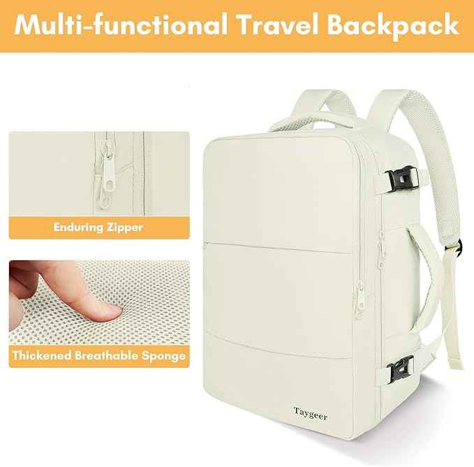Taygeer Large Travel Backpack, 17 inch Laptop Backpack for Women, Airline Approved Personal Item Mochila, 40l Lightweight Luggage Carryon Work Bag for friend and Ladies Business Travel Hiking, Beige