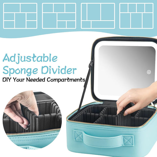 Makeup Travel Train Case with Mirror LED Light 3 Adjustable Brightness Large Cosmetic Bag Portable Storage Adjustable Partition Waterproof Makeup Brushes Make up Jewelry Gift for Women