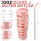 MUKOKO 32 oz Glass Tumbler with Straw,Glass Water Bottles with Time Marker,Iced Coffee Cup with 2 Lids-Handle Spout Lid&Straw Lid,Silicone Sleeve,Leakproof,1 Pack-Pink
