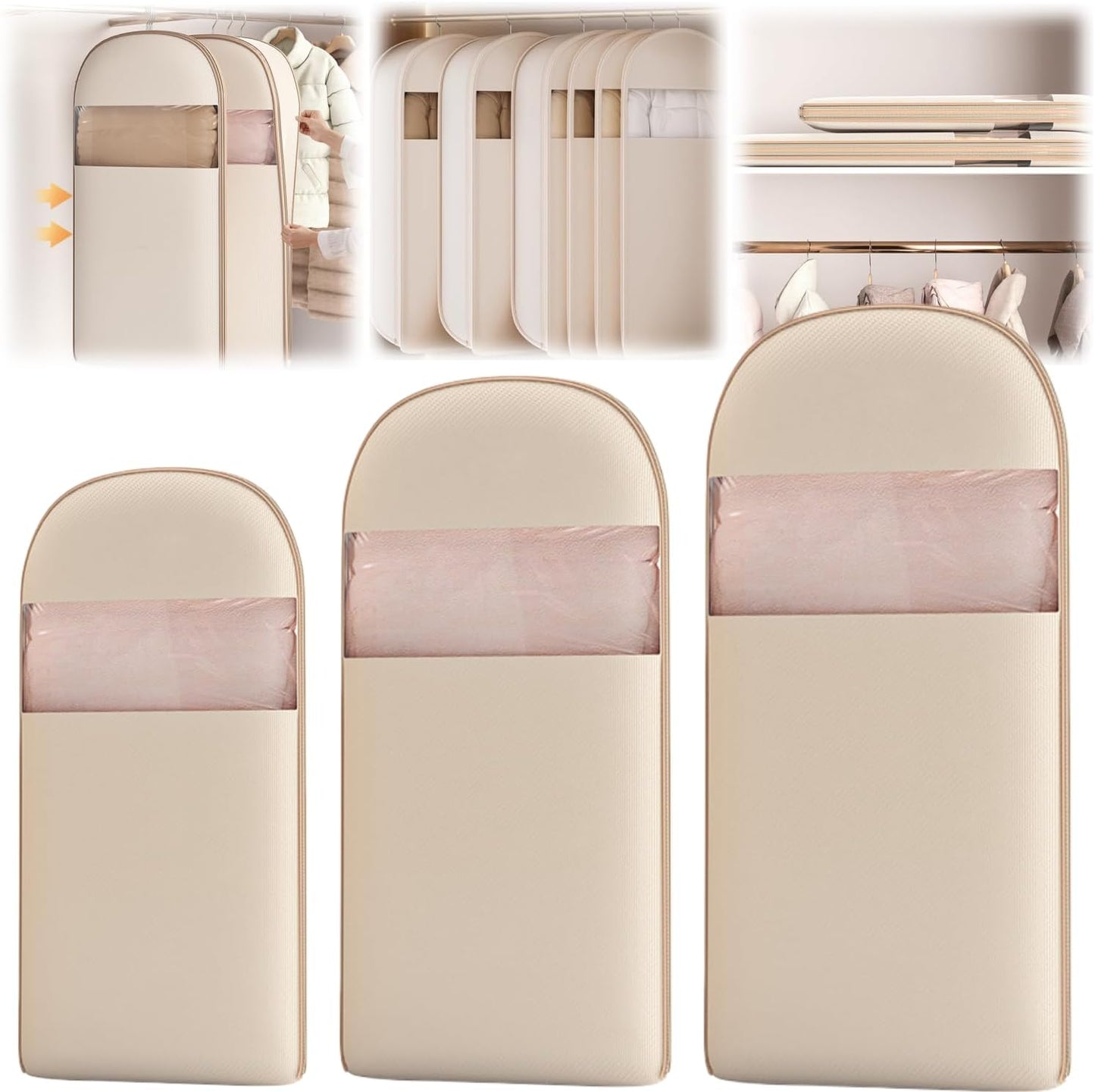 Space Saving Hanging Garment Bag With Self Compression Zipper,Garment Bags for Travel,Dust Cover for Coats Down Jackets, Closet Clothes Organizer with Clear Window (Beige, M+L+XL)