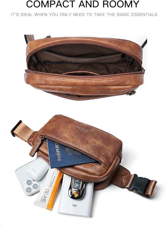 2L Fanny Packs Everywhere Belt Bag Small Fashion Crossbody Waist Pack Faux Leather Waterproof Sling Chest Bag For Women Trendy Brown