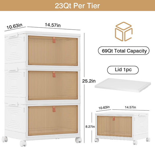 VECELO 3 Tier Stackable Storage Boxes with Magnetic Doors & Wheels, Foldable Storage Containers, 23 QT Closet Organizers for Living Room, Office, Dorm
