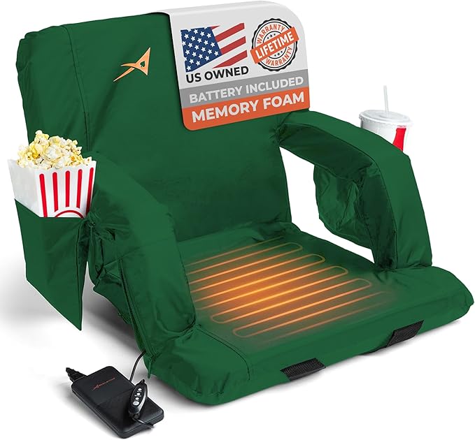 ACELETIQS Heated Stadium Seats for Bleachers with Back Support – USB Battery Included - Upgraded 3 Levels of Heat - Foldable Chair - 4 Pockets, Cup Holder - for Camping, Games & Sports (Hunter Green)
