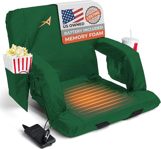 ACELETIQS Heated Stadium Seats for Bleachers with Back Support – USB Battery Included - Upgraded 3 Levels of Heat - Foldable Chair - 4 Pockets, Cup Holder - for Camping, Games & Sports (Hunter Green)