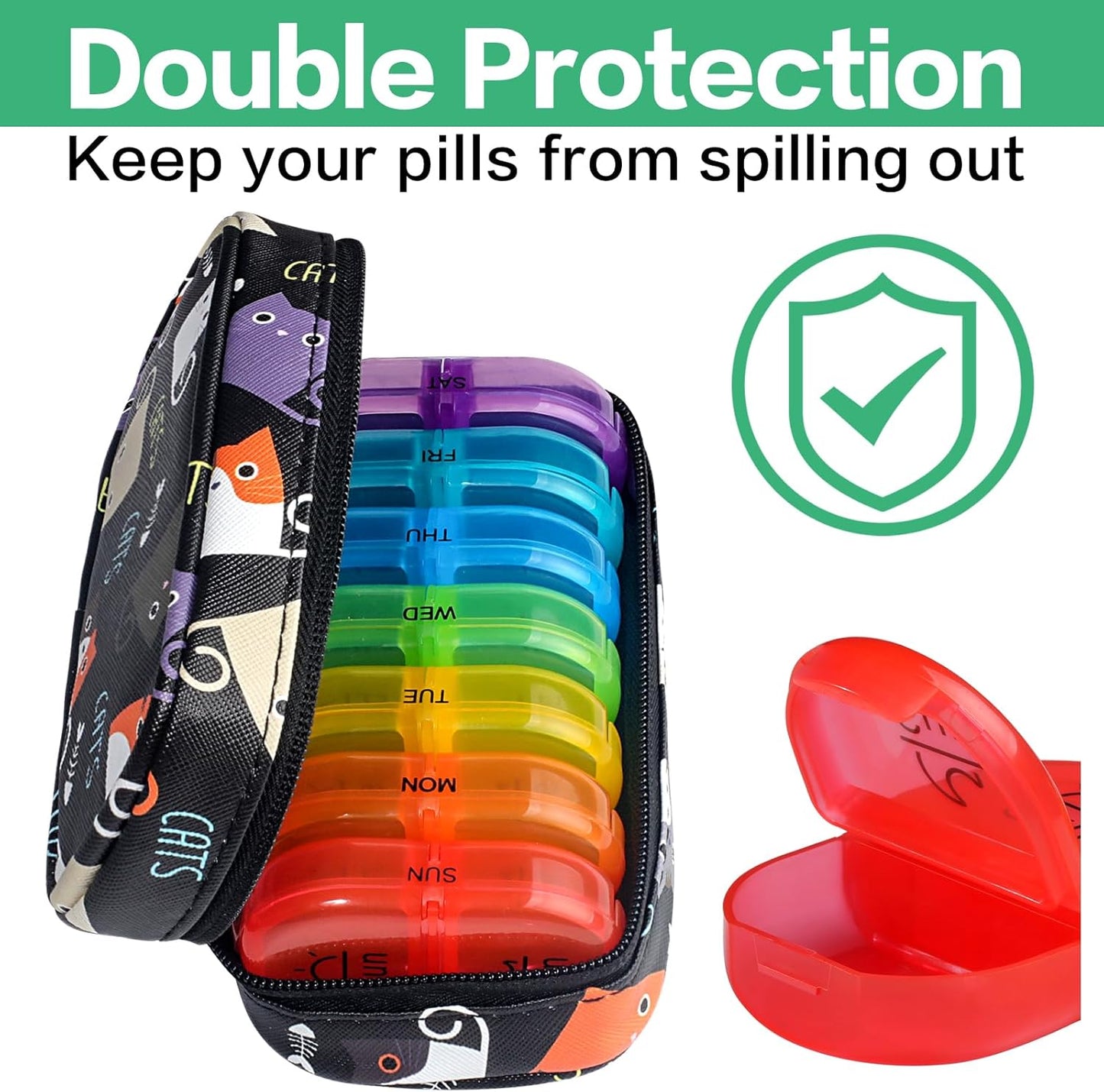 Serfeymi Weekly Travel Pill Organizer 2 Times A Day AM PM Upgraded Rainbow Pill Box 7 Day with Portable Zipper PU Leather Pill Case, Medicine Organizer for Pills, Vitamins, Fish Oils - Black 02
