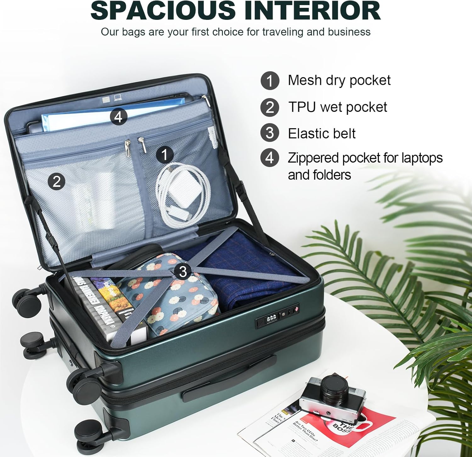 KROSER Carry On Luggage with Spinner Wheels & Built-in TSA Lock, Expandable Top Loading Hard Shell Suitcase Large Capacity Durable Rolling Luggage with USB Port, Carry-On 20-Inch, Dark Green - Roamly