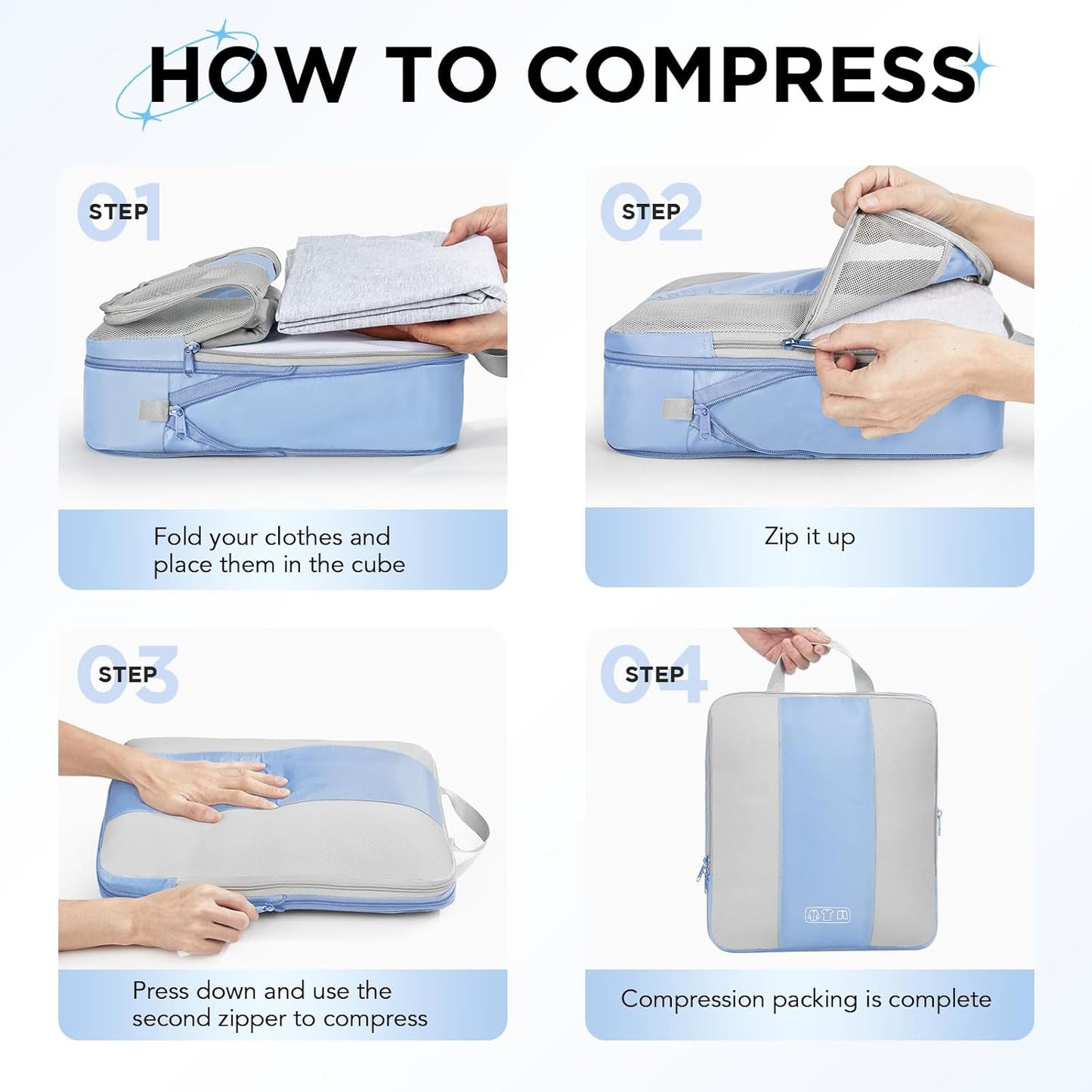 10 Set Compression Packing Cubes for Travel Essentials,Compressible Expandable Packing Cubes for Suitcase,OlarHike Luggage Organizer Bags for Travel,Handy Helper for Organizing Clothes(Light Blue) - Roamly
