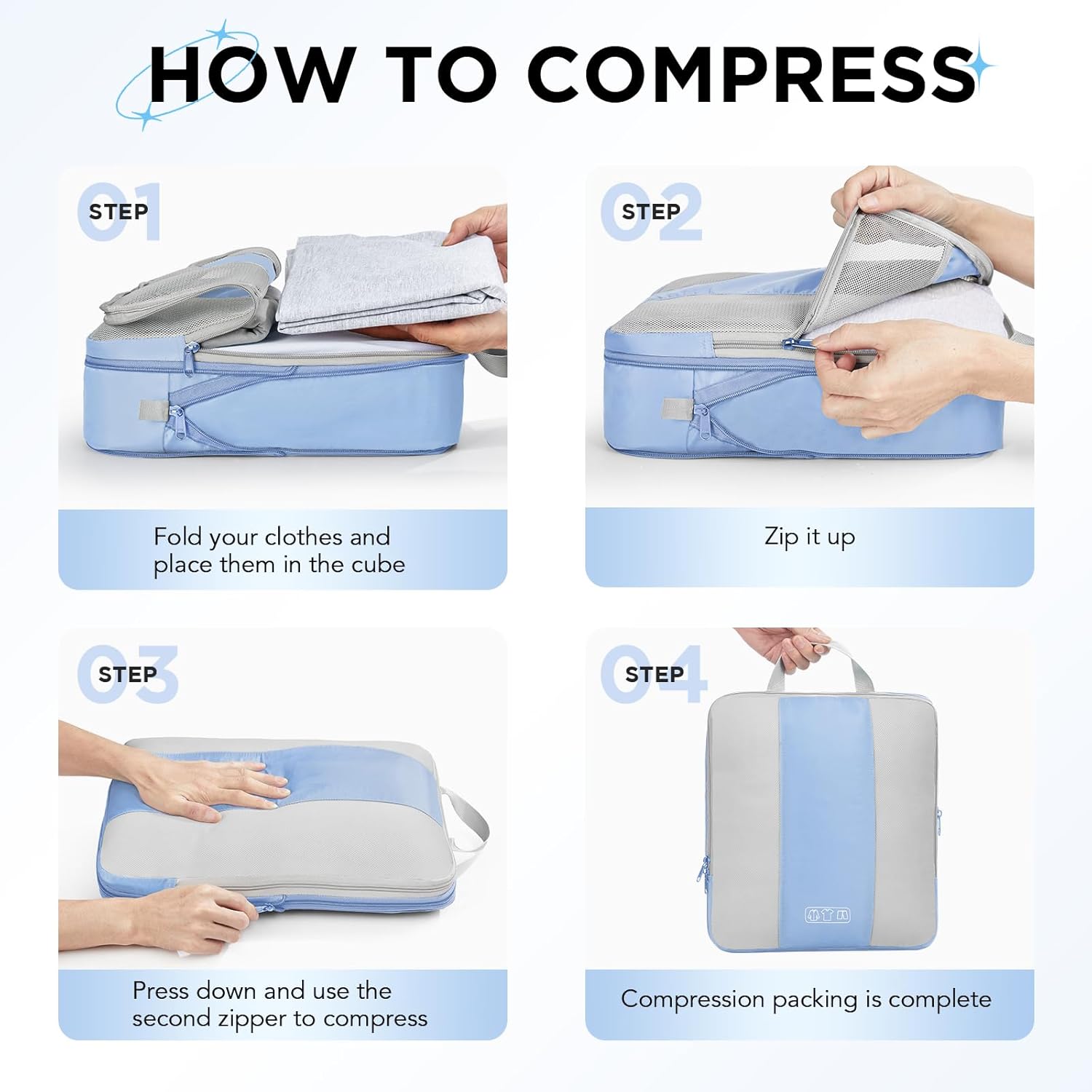 10 Set Compression Packing Cubes for Travel Essentials,Compressible Expandable Packing Cubes for Suitcase,OlarHike Luggage Organizer Bags for Travel,Handy Helper for Organizing Clothes(Light Blue) - Roamly