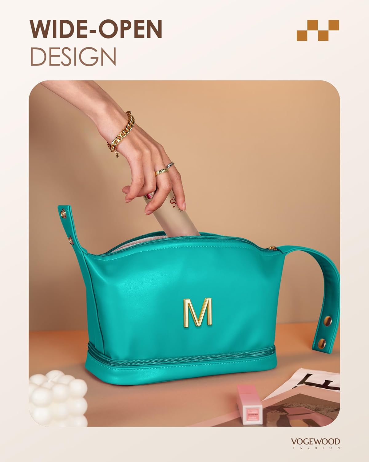 Young Women Gift Ideas, Personalized Makeup Bag with Handle, Initial Double Layer Cosmetic Bag with Makeup Brush Organizer, Cute Cosmetic Pouch for Women, Gifts for Friend Female Mom - Roamly