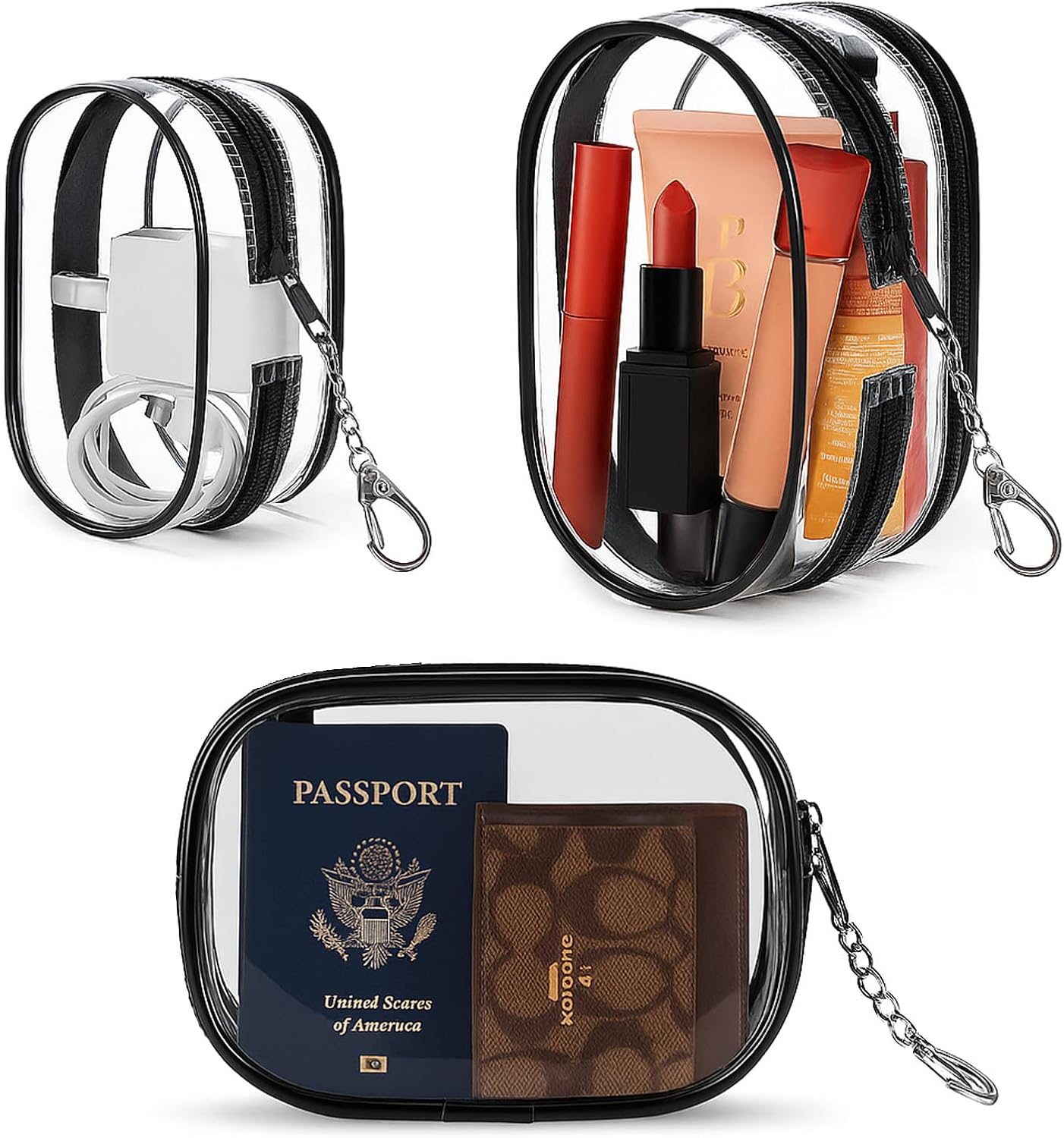 XEWEA Small Clear Toiletry Makeup Bag Portable Waterproof, 3PCS TSA Approved Cosmetic Case with Zipper, Electronics Organizer Cable Charger Pouch, Travel Essentials, Accessories Bag Purse - Roamly