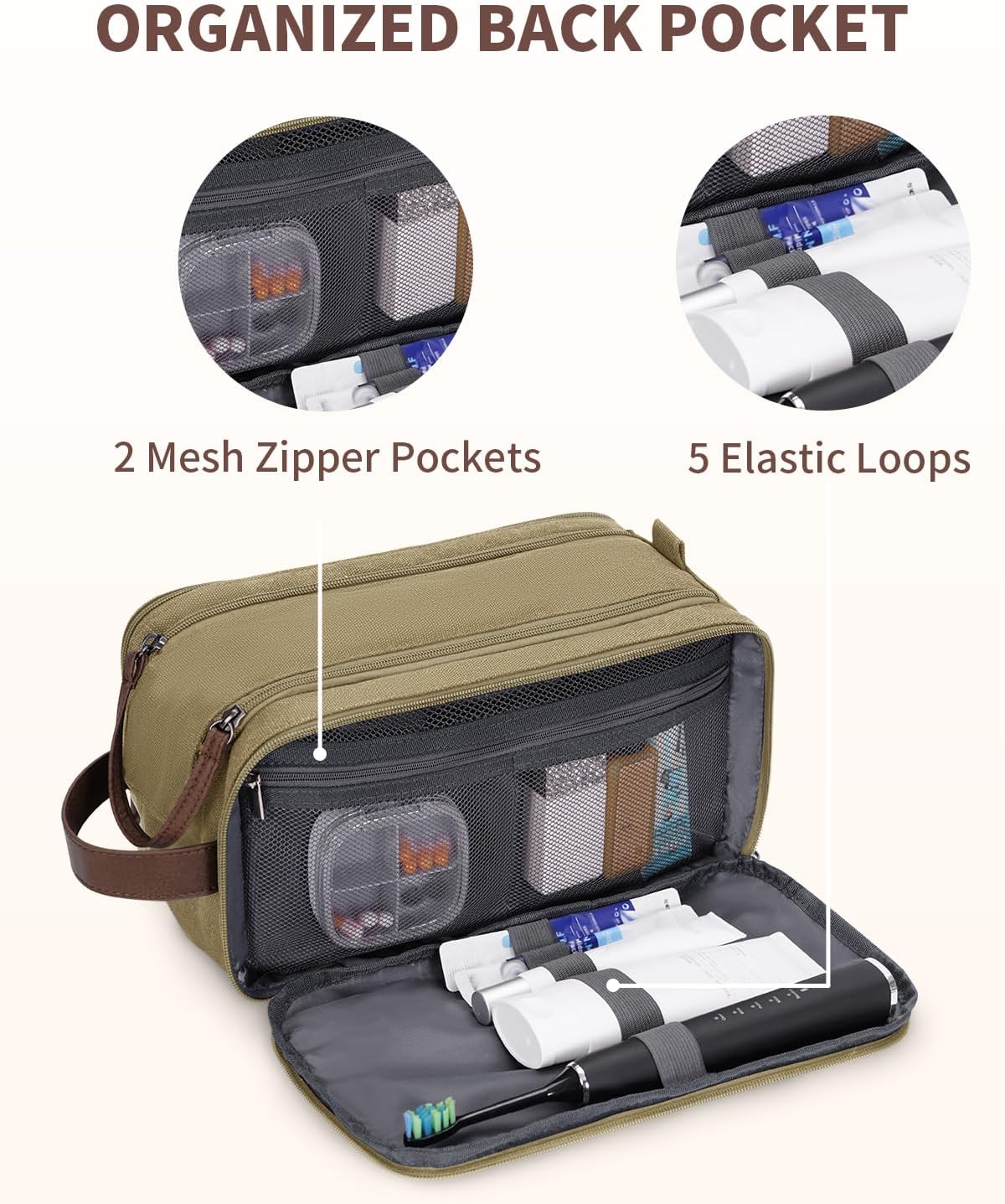 WANDF Toiletry Bag for Men Travel Toiletry Organizer Canvas and Leather Dopp Kit Water-Resistant Shaving Bag for Travel Accessories (Classic Khaki, Large) - Roamly